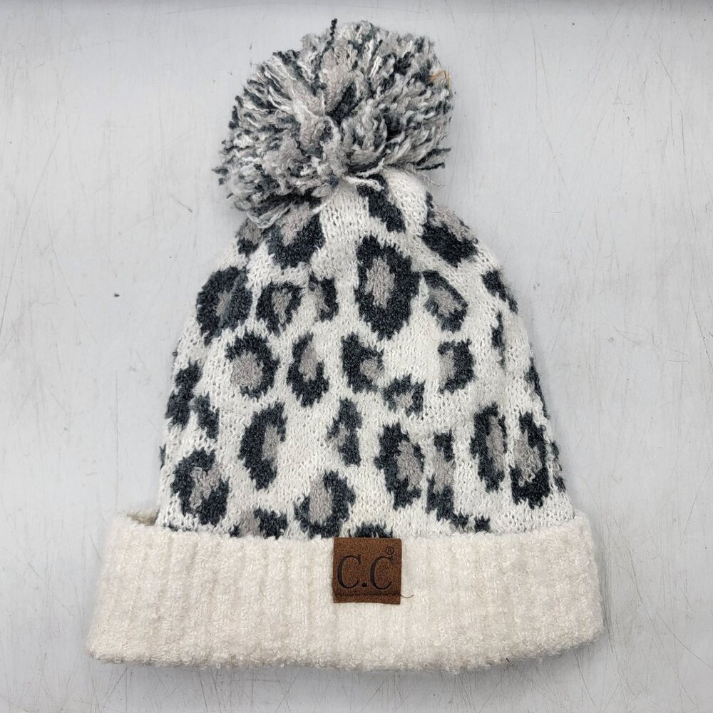 C.C. Exclusives Leopard Boucle Womens Knit Leopard Print Beanie Hat With Pom